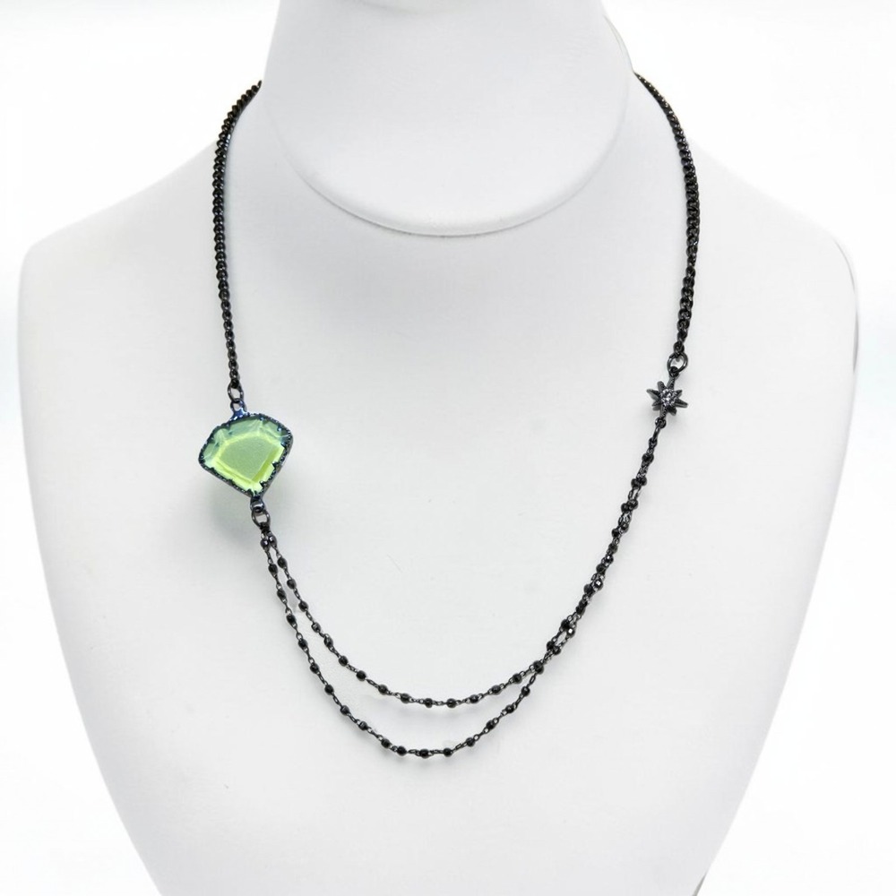Melania Clara Double Strand Necklace Green Crystal Black Gunmetal Starburst 18"